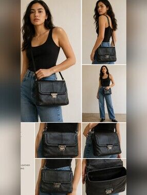 Calvin Klein Turn-Key Leather Crossbody Messenger Flap Bag Black